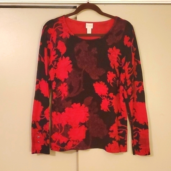 Chico's Red and Black Floral Pullover Sweater - Picture 1 of 5